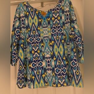 Ruby Rd. Blue and Yellow 3/4 Sleeve Boxy Blouse